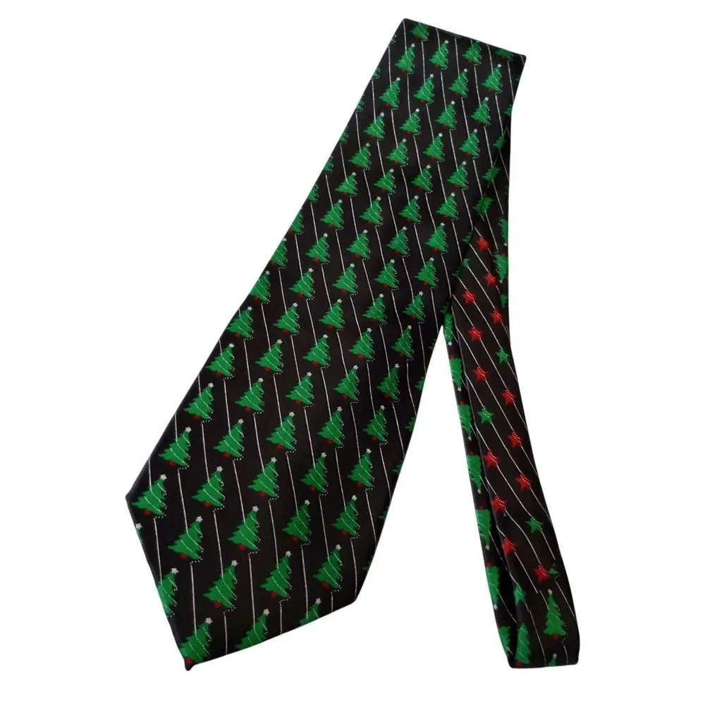 Holidays Mens Christmas Tree Silk Necktie Black Green Festive Winter Seasonal